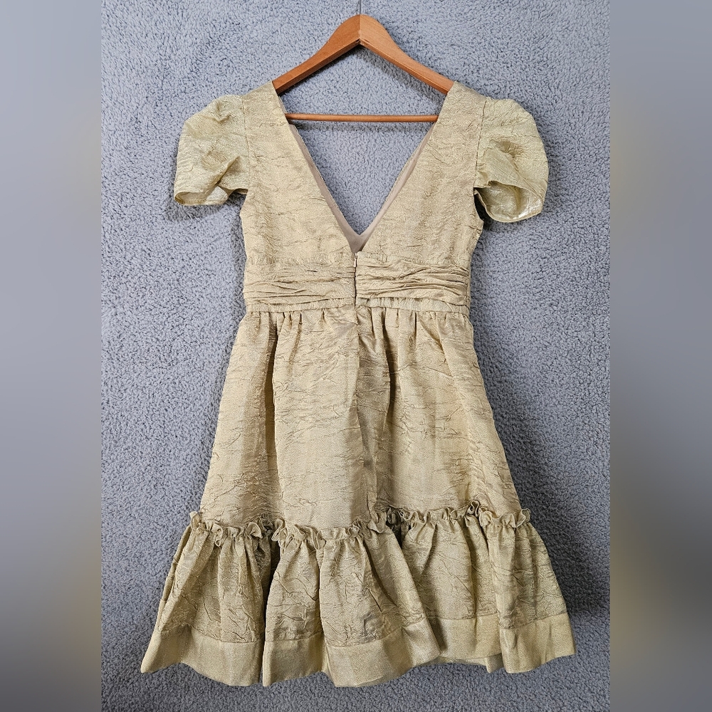 Basix II Gold Mini Dress Sz 4 Small Puff Sleeve Coquette Victorian Wedding Party - Picture 3 of 12